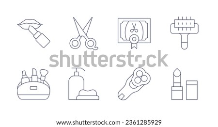 Beauty icons. editable stroke. Containing certificate, electric shaver, hair, lipstick, make up bag, scissors, soap.