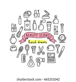 Beauty icons hand drawn illustrations. Cute beauty and cosmetics doodles