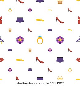 beauty icons pattern seamless. Included editable flat woman hat, diamond ring, flower basket, skirt, Floral design, woman shoes, Clothes icons. beauty icons for web and mobile.