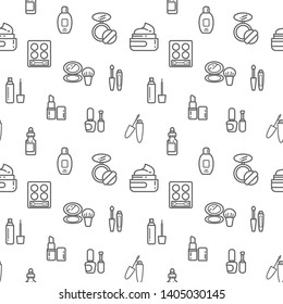 beauty icons seamless pattern grey vector on white background. Collection Of makeup, cosmetic, eyeliner, lotion, blusher. Template for design fabric, backgrounds, wrapping paper.
