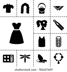 Beauty icons. set of 13 editable filled beauty icons such as hairstyle, necklace, blouse, dress, dragonfly, butterfly, hair straightener, woman face with flower in hair