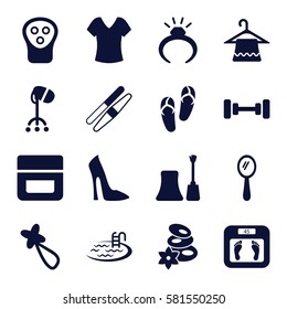Beauty icons set. Set of 16 Beauty filled icons such as mirror, ring, nail polish, barbell, woman shoe, flip flops, floor scales, spa stones, shirt, electric razor, cream