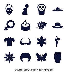 beauty icons set. Set of 16 beauty filled icons such as leaf, butterfly, female, woman hairstyle, bra, flower, spa mask, electric razor, Casino girl, blouse, skirt, woman hat