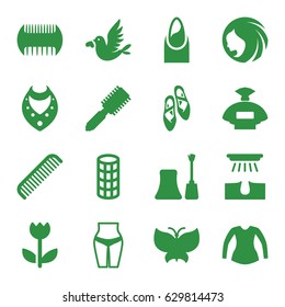 Beauty icons set. set of 16 beauty filled icons such as comb, woman hairstyle, perfume, hair brush, hair removal, nail, nail polish, hair curler, necklace, blouse, love bird