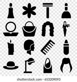 Beauty icons set. set of 16 beauty filled icons such as woman hairstyle, salon hair dryer, razor, spa bag, hairstyle, lipstick, nail, powder, cream tube, comb, woman bag