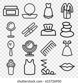 Beauty icons set. set of 16 beauty outline icons such as baby napkin, mirror, electric razor, cream box, spa stones, powder, comb, sawing, sandals, singlet, dress