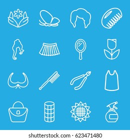 Beauty icons set. set of 16 beauty outline icons such as butterfly, sunflower, comb, mirror, spray bottle, woman hairstyle, woman in spa, woman bag, bra, flower, hair curler
