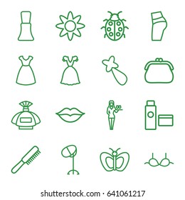 Beauty icons set. set of 16 beauty outline icons such as butterfly, comb, perfume, nail polish, dress, hair barrette, hair dryer, casino girl, bra, ladybug, love, cream tube