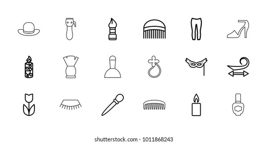 Beauty icons. set of 18 editable outline beauty icons: comb, brush, curly hair, nail sawing, woman pants, flower, candle, mask, nail polish, electric razor, spa bag, eyelash