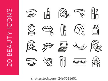 Beauty icons. Set of 20 beauty trendy minimal icons. Example: Eye, Lipstick, Haircut, Eyebrow, Perfume icon. Design signs for web page, mobile app, packaging design. Vector illustration.