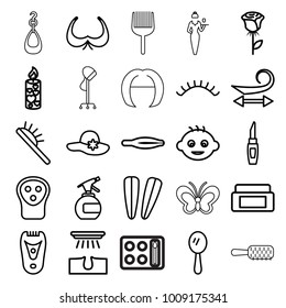Beauty icons. set of 25 editable outline beauty icons such as baby, cream box, tweezers, spray bottle, curly hair, hair removal, mirror, hair brush, bra, woman hat