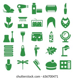 Beauty icons set. set of 25 beauty filled icons such as leaf, butterfly, comb, nail polish, mirror, hair dryer, barber brush, salon hair dryer, hair removal, eyeshadow palette