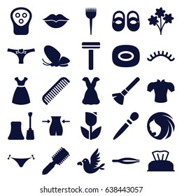 Beauty icons set. set of 25 beauty filled icons such as butterfly, baby napkin, baby shoes, woman hairstyle, comb, barber brush, hair brush, shaving brush, razor, tweezers