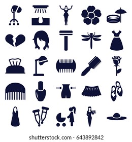 Beauty icons set. set of 25 beauty filled icons such as dragonfly, baby napkin, comb, nail polish, hair brush, woman hairstyle, salon hair dryer, razor, dress, slim