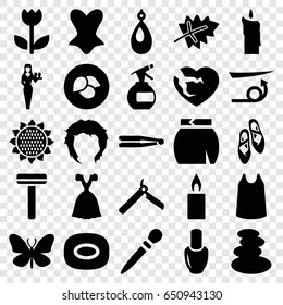 Beauty icons set. set of 25 beauty filled icons such as leaf, sunflower, butterfly, nail polish, bllade razor, hair straightener, razor, spa stones, spray bottle