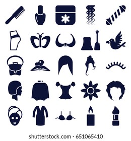 Beauty icons set. set of 25 beauty filled icons such as butterfly, comb, nail polish, hairdresser peignoir, brush, hair curler, curly hair, woman hairstyle, woman in spa
