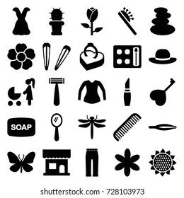 Beauty icons set. set of 25 beauty filled icons such as sunflower, rose, dragonfly, butterfly, comb, razor, beauty salon, spa stones, tweezers, mirror, hair brush, flower
