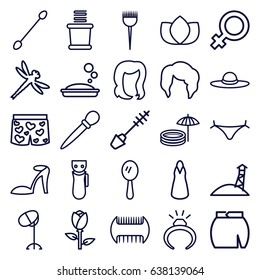 Beauty icons set. set of 25 beauty outline icons such as rose, comb, female, electric razor, barber brush, woman hairstyle, mirror, panties with heart, hairstyle, lotus