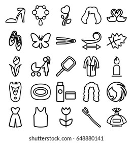 Beauty icons set. set of 25 beauty outline icons such as butterfly, leaf, woman hairstyle, perfume, hair straightener, mirror, curly hair, hairstyle, necklace, candle