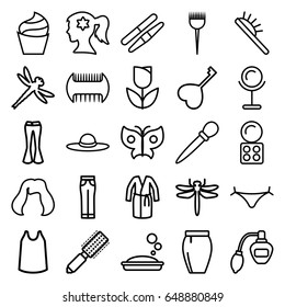 Beauty icons set. set of 25 beauty outline icons such as dragonfly, comb, barber brush, hair brush, perfume, panties with heart, mirror, woman face with flower in hair, cream