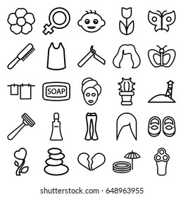 Beauty icons set. set of 25 beauty outline icons such as baby, baby shoes, butterfly, comb, female, bllade razor, electric razor, spa stones, woman hairstyle, cream tube