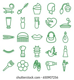 Beauty icons set. set of 25 beauty outline icons such as cream tube, hair dryer, electric razor, hair straightener, perfume, comb, shaving brush, eyelash, curly hair, lips