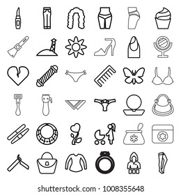 Beauty icons. set of 36 editable outline beauty icons such as butterfly, bllade razor, hair curler, hairstyle, nail, powder, cream, comb, woman bag, lipstick, sawing