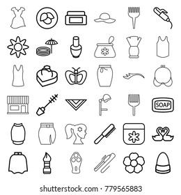 Beauty icons. set of 36 editable outline beauty icons such as leaf, butterfly, comb, nail polish, cream box, hairdresser peignoir, brush, flower, mascara, hair curler, soap