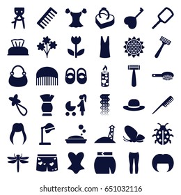 Beauty icons set. set of 36 beauty filled icons such as sunflower, dragonfly, butterfly, baby napkin, baby shoes, comb, woman hairstyle, razor, hair brush, salon hair dryer