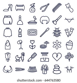Beauty icons set. set of 36 beauty outline icons such as comb, hair straightener, hair brush, nailfile, shaving brush, hairdresser peignoir, spa bag, spa stones, brush