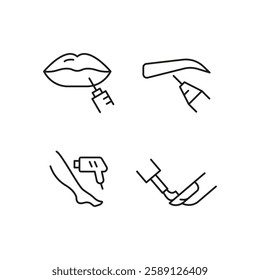 Beauty icons. Set of 4 beauty trendy minimal icons. Example: Eye, Lipstick, Haircut, Eyebrow icon. Design signs for web page, mobile app, packaging design. Vector illustration.
