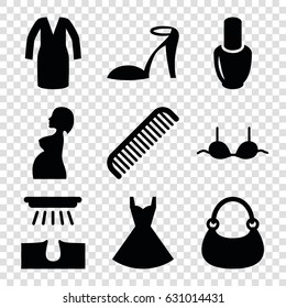 Beauty icons set. set of 9 beauty filled icons such as nail polish, comb, hair removal, heel sandals, bra, dress, bag