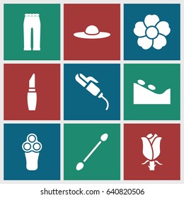 Beauty icons set. set of 9 beauty filled icons such as electric razor, spa stone, lipstick, cotton buds, hair curler, woman pants, woman hat, rose