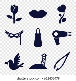 Beauty icons set. set of 9 beauty filled icons such as rose, hair dryer, tweezers, lips, dress, love bird, heart flower, mask