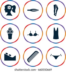 Beauty icons set. set of 9 beauty filled icons such as comb, electric razor, tweezers, panties with heart, woman face with flower in hair, spa stone, tights, bra