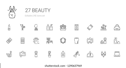 beauty icons set. Collection of beauty with comb, sculpture, sun lotion, flower, shaving brush, soap, swan, skirt, necklace, massage, electric razor. Editable and scalable beauty icons.