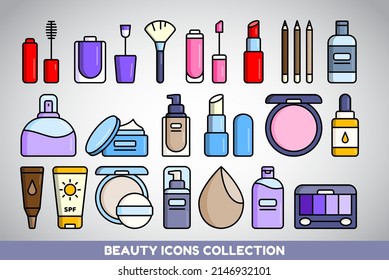 Juego De Iconos De Belleza. Colección de íconos de maquillaje plano y cosméticos en color lineal. Conjunto de 20 iconos.