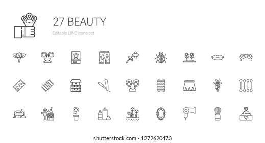 beauty icons set. Collection of beauty with hairdryer, mirror, tulips, foam, flower, hot stones, soap, skirt, beach towel, mask, razor, well. Editable and scalable beauty icons.