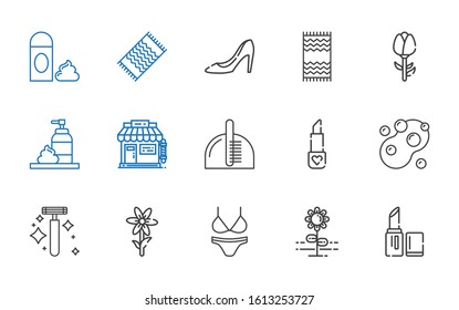 beauty icons set. Collection of beauty with lipstick, flower, bikini, razor, soap, comb, barbershop, foam, rose, beach towel, high heels. Editable and scalable beauty icons.