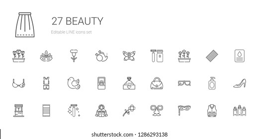 beauty icons set. Collection of beauty with mask, face mask, flower, jacket, razor, beach towel, well, sunglasses, hand bag, engagement ring. Editable and scalable beauty icons.