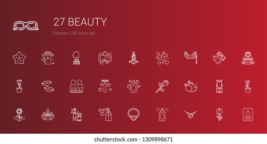 beauty icons set. Collection of beauty with necklace, perfume, soap, mongolian, eye mask, flower, without, rose, razor, comb, kiss, candle. Editable and scalable beauty icons.