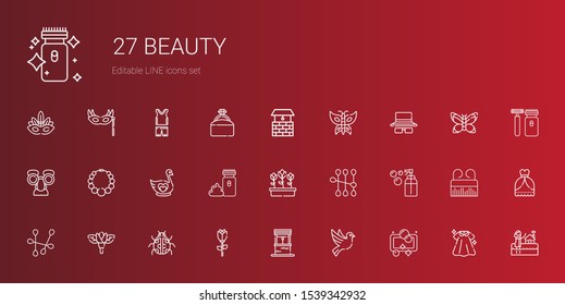 beauty icons set. Collection of beauty with soap, dove, well, rose, ladybug, flower, cotton swab, tulips, electric razor, swan, necklace, mask. Editable and scalable beauty icons.