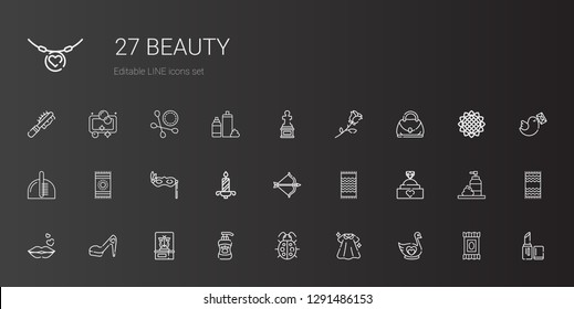 beauty icons set. Collection of beauty with swan, dress, ladybug, shampoo, butterfly, high heels, kiss, engagement ring, beach towel, artemis. Editable and scalable beauty icons.