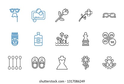 beauty icons set. Collection of beauty with swans, sunflower, wedding dress, sandals, cotton swab, petals, sculpture, tulips, sun lotion, mask. Editable and scalable beauty icons.