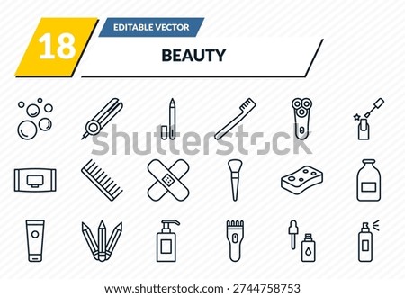 beauty icons set - foam, flat iron, eyeliner, skincare, deodorant outline vector collection.