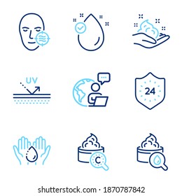 Beauty Icons Set. Included Icon As Skin Care, Uv Protection, Problem Skin Signs. Moisturizing Cream, Wash Hands, 24 Hours Symbols. Vitamin E Line Icons. Hand Cream, Facial Care. Line Icons Set. Vector