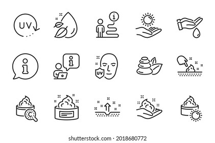 Beauty Icons Set. Included Icon As Sun Protection, Uv Protection, Skin Care Signs. Collagen Skin, Water Drop, Wash Hands Symbols. Sun Cream, Spa Stones Line Icons. Info Center Line Icon. Vector