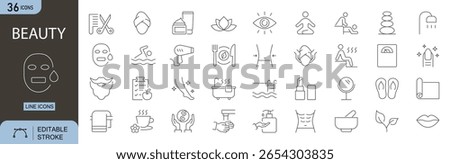 Beauty icons set. Includes icons for makeup, skincare, mirror, lipstick, nail polish, cream jar, face mask, salon tools, and beauty treatment. Editable stroke. Line icons. Perfect for infographics.