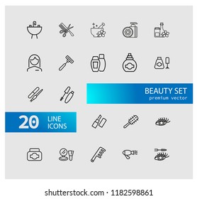 Beauty icons. Set of line icons. Aromatherapy, perfume, mascara. Cosmetics concept. Vector illustration can be used for topics like beautician, service, hygiene