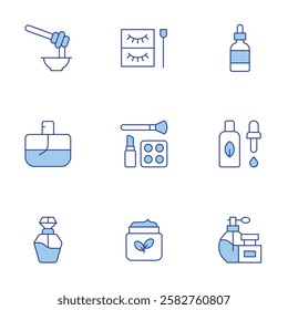 Beauty icons set. Line Duotone style, editable stroke. serum, perfume, eyelashes, make up, lotion, cologne, beauty, honey.